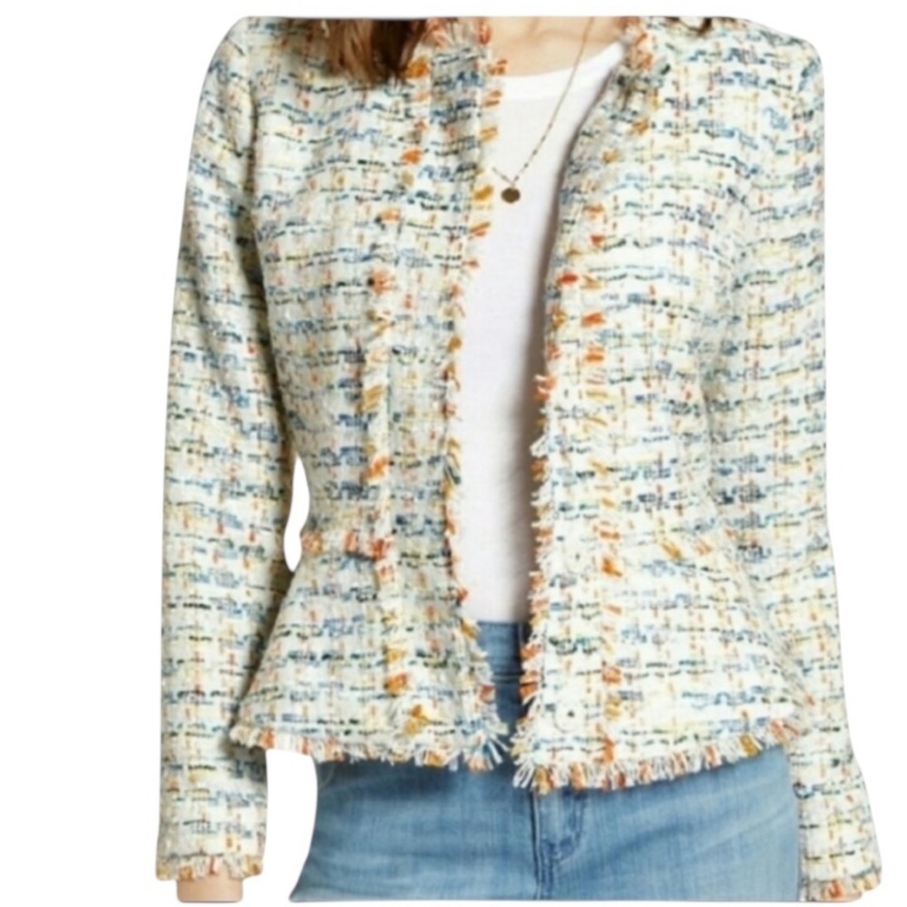 Halogen Nordstrom Button Front Tweed Blazer Jacket Ivory Size XS.